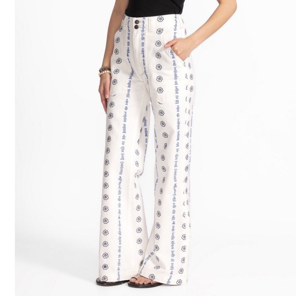 Johnny Was Wide Leg Floral Embroidered‎ Denim Trouser Pants White Blue NWT Sz 25